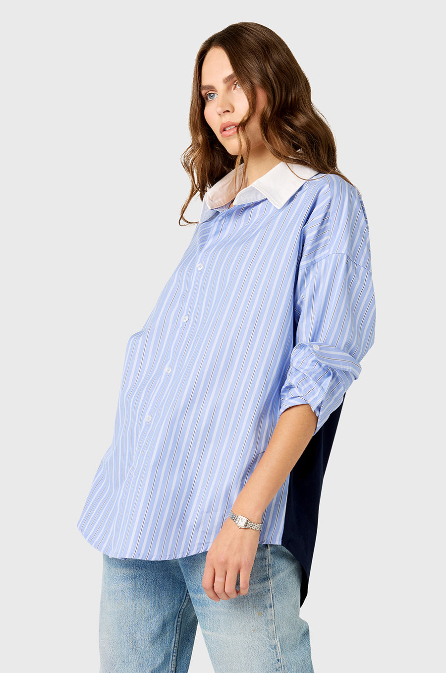 COLORBLOCKED SUNDAY SHIRT IN NAVY/BLUE STRIPE POPLIN