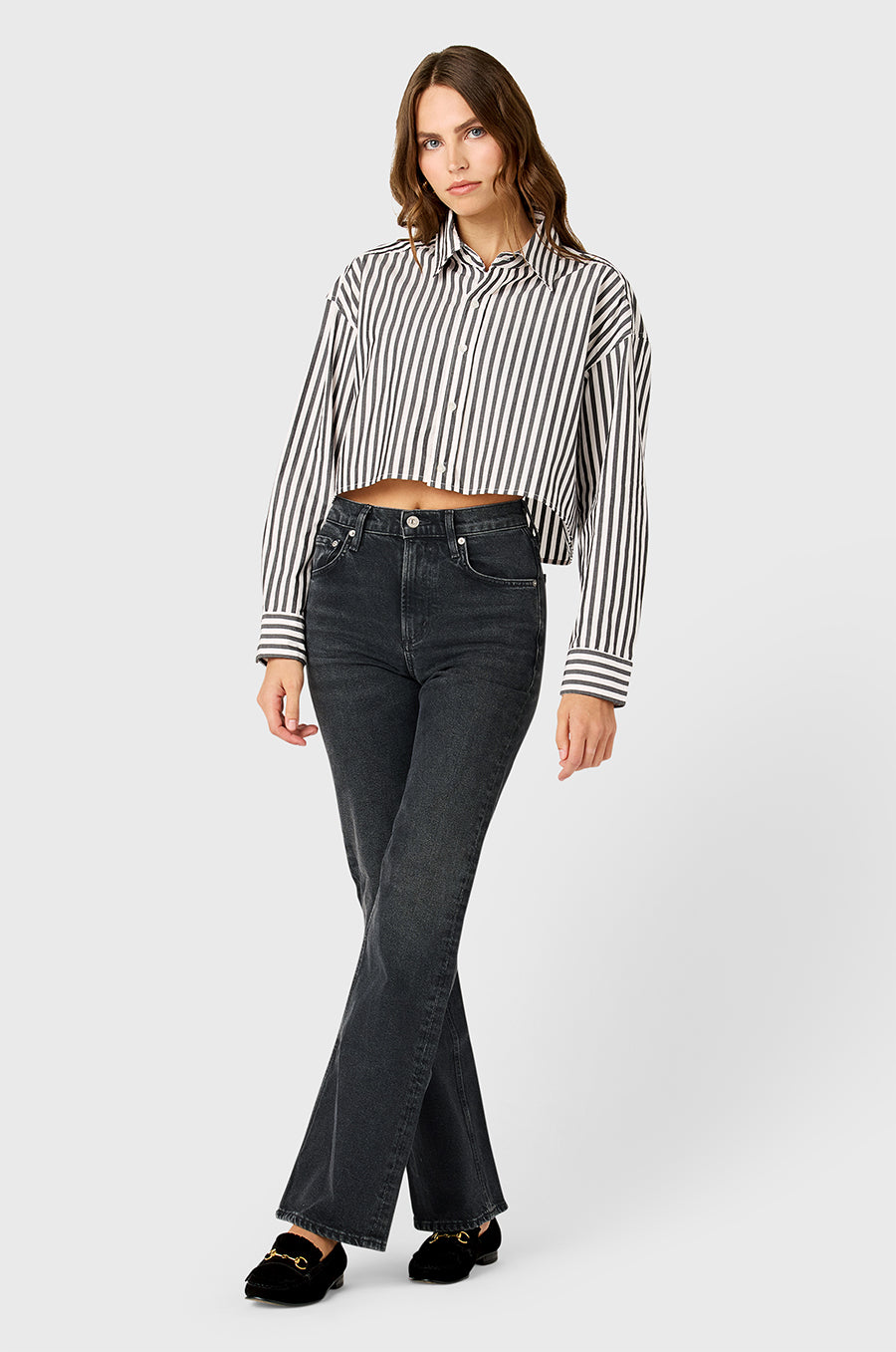 CROPPED BOXY BUTTON UP IN BLACK/IVORY STRIPE POPLIN