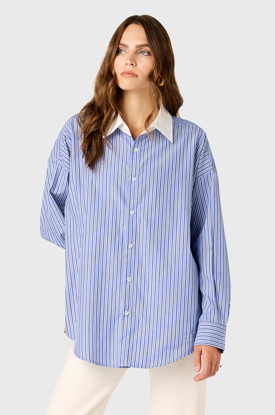 COLORBLOCKED SUNDAY SHIRT IN KHAKI/BLUE STRIPE POPLIN