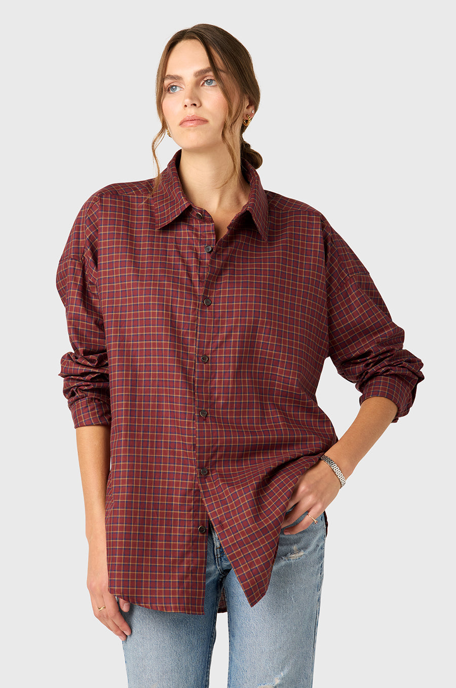 Model wearing The Lady & The Sailor the Plaid Sunday Shirt in Raspberry.