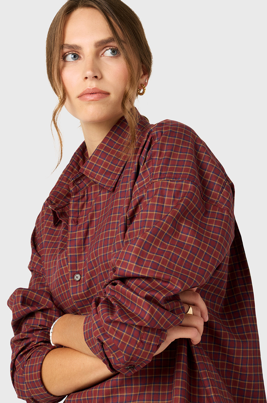 Model wearing The Lady & The Sailor the Plaid Sunday Shirt in Raspberry.