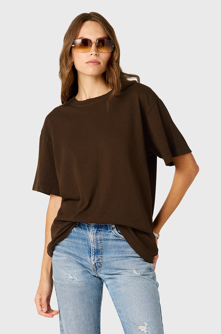 Model wearing The Lady & The Sailor Slouchy Tee in Chocolate - a brown tee with relaxed fit and soft drape.