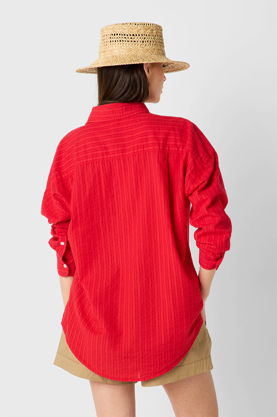 Brunette Model wearing the lady & the sailor Sunday Shirt in Red Pointelle Stripe