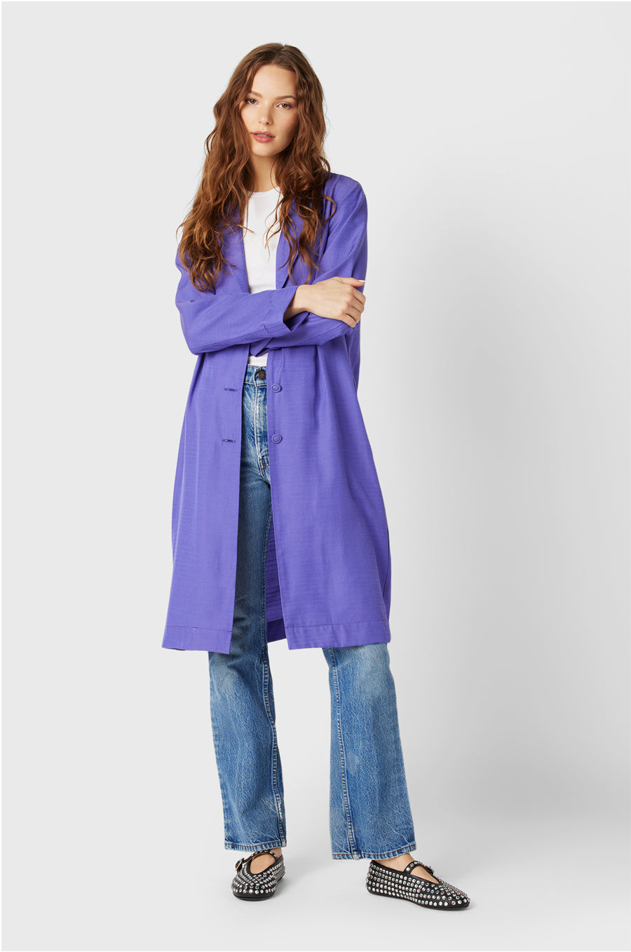 Brunette Model wearing the lady & the sailor Midi Blazer in Purple.